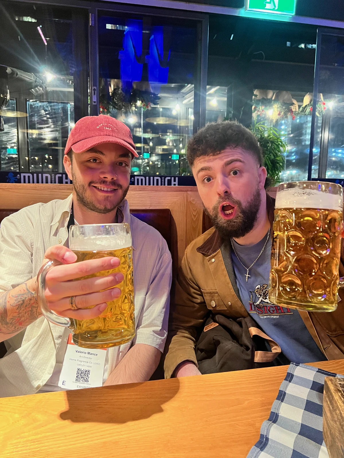 Josh and Valerio sharing a beer after hours