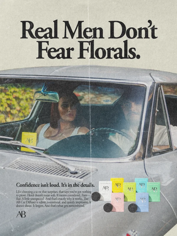 Aromabotanical car diffuser campaign with a couple in a vintage car